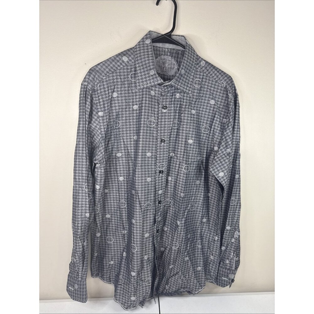 Bugatchi Button Up Shirt Large Shaped Fit Gray Circle/Digi Design‎ Flip Cuff